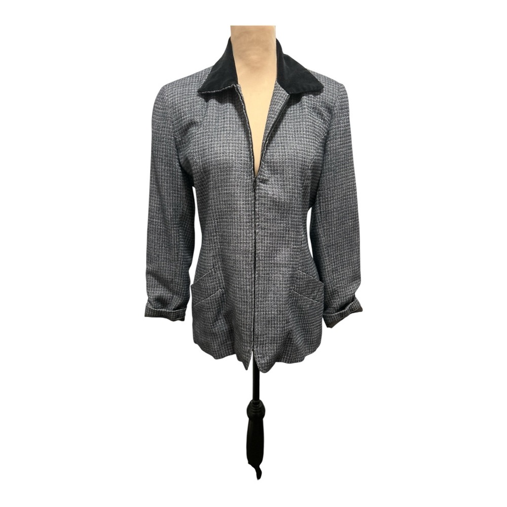 Metro Collection New York Micro Houndstooth Full Zip Blazer Velvet Collar Size 8 - Picture 2 of 12